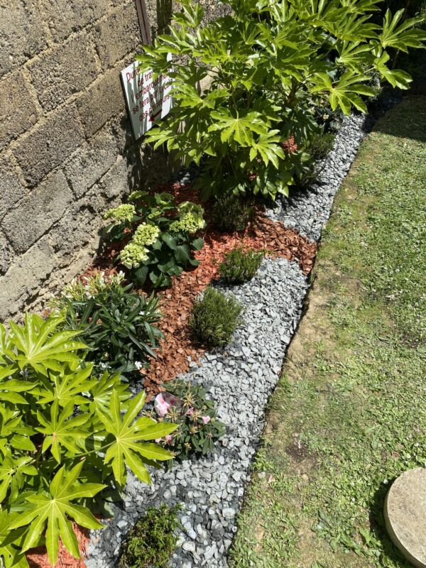 Rénovation de plate bande avec plantation de végétaux et mise en place de film geotextile en surface et finition avec écorces de couleur et pétales d’ardoise